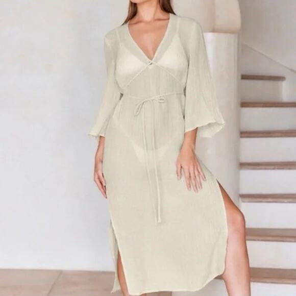 Monday Swimwear Ravello Linen Cover Up Dress in Vanilla Crinkle - Picture 1 of 9